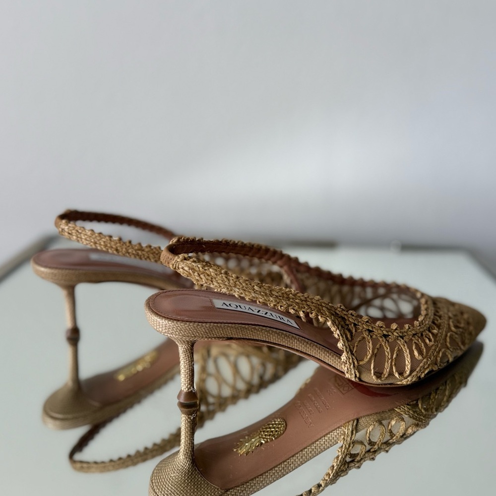 New AQUAZZURA Beige Raffia Kahlo Slingback Pumps 50 $950 - Picture 13 of 14